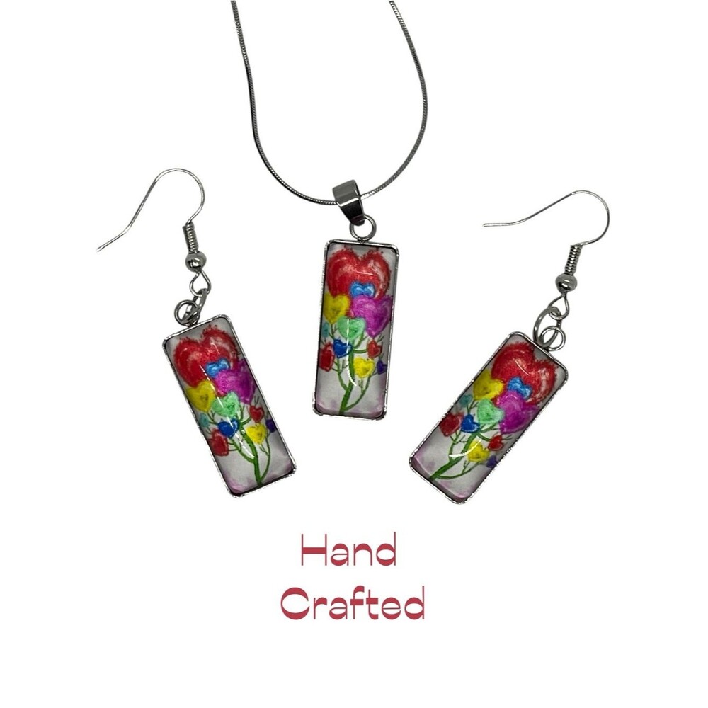 Hand Crafted Red Pink Flowers Glass Rectangle Pendant Necklace Earrings Set NWT